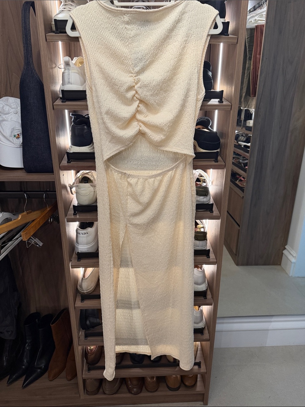 PrettyLittleThing Cream Sleeveless Ruched Cutout Maxi Dress